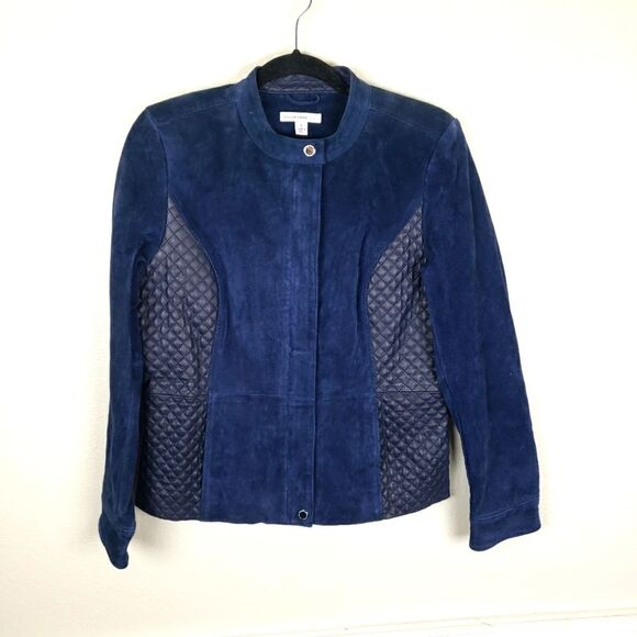 Isaac Mizrahi Live Women's Navy Blue Suede Moto Leather Quilted Zip Up Jacket 4 - Picture 8 of 14